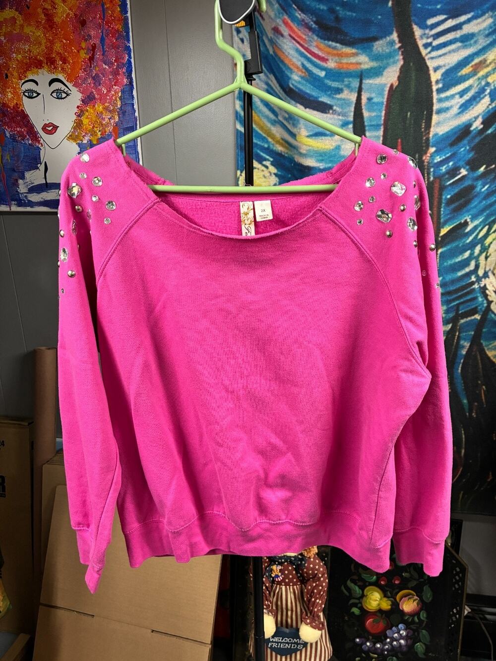 Women’s Pink Embellished Sweatshirt – Plus Size 2X – Studded Shoulder Detail